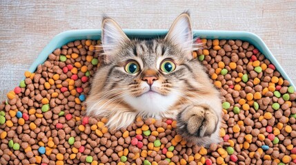 Naklejka premium A playful cat surrounded by colorful pet food, evoking a sense of humor and joy.