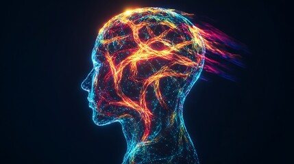 Abstract human head profile with vibrant energy lines, showcasing brain activity and neural connections.