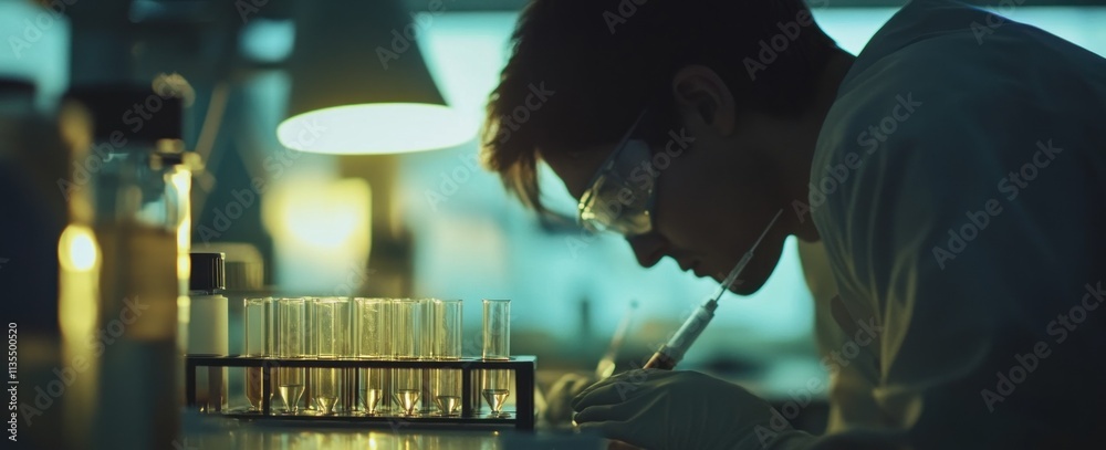 Poster Scientist working with syringe and test tubes in lab.