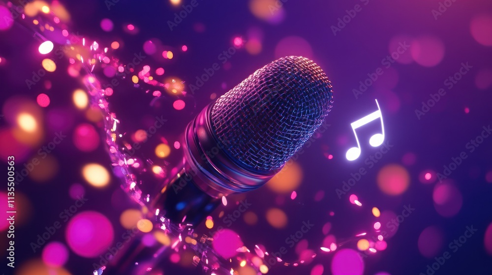 Poster shiny microphone with notes and glowing sparks, on purple bokeh background.