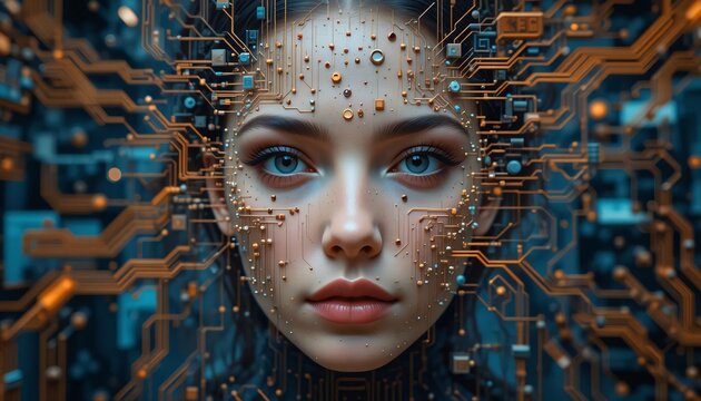 image of a person's face with half of it dissolved into binary code or electronic board
