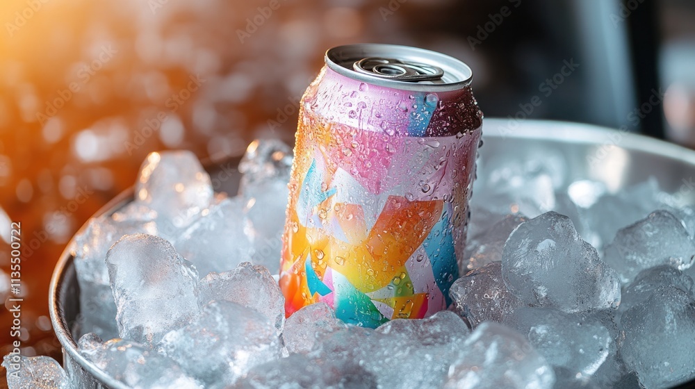 Poster Chilled can with colorful design sits in ice.