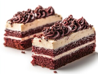 Two slices of layered chocolate cake with cream frosting and chocolate sprinkles.