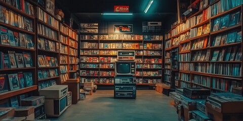 Classic 80s video rental store filled with colorful VHS tapes, nostalgic ambiance, retro decor, inviting aisles, vibrant movie posters