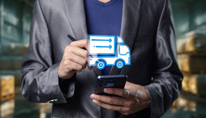 Businessman Using Smartphone to Manage Delivery Logistics Efficiently Business production and transportation of goods
