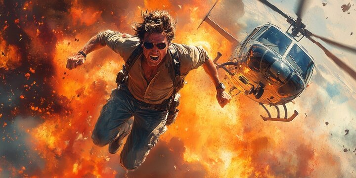 Heroic Leap from Exploding Helicopter, Dynamic action scene, retro 80s style, dramatic explosion, adrenaline-fueled adventure