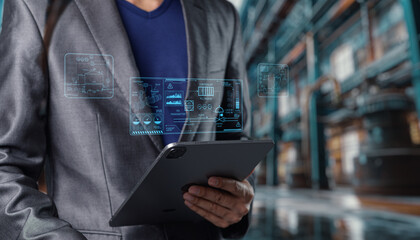 Businessman Using Tablet with Augmented Reality Data Visualization Piping and Instrument Diagram