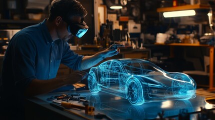 A man using vr technology to design a holographic electric car in a modern workshop setting