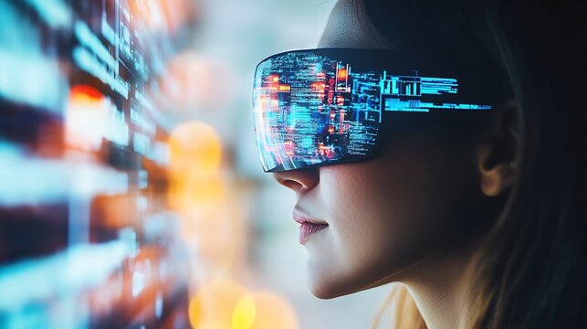 Woman Experiencing Virtual Reality with Futuristic Glasses