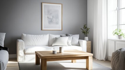 A realistic photo of a bright, stylish living room showcasing a wooden square coffee table near a white sofa. The grey wall with an art poster adds modern elegance to the space. Shot in 32k