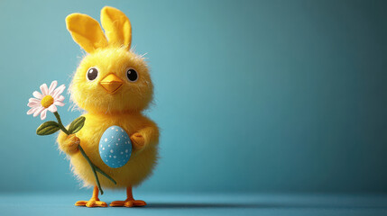 Adorable yellow chick with bunny ears holding flower and Easter egg on blue background