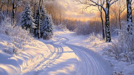 Obraz premium Serene Winter Landscape with Snow-Covered Trees and Pathway