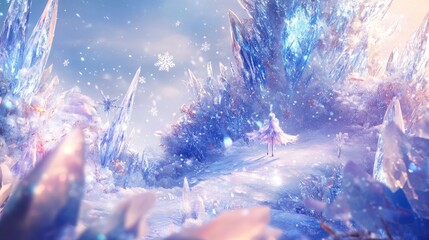 Fototapeta premium Enchanting Frozen Landscape with Crystal Formations and Snowflakes