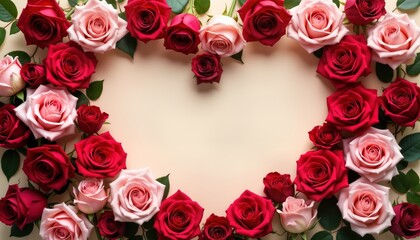 Beautiful floral heart shape frame made from roses. Pink, red roses arranged in heart frame shape on cream background. Romantic floral design perfect for Valentine Day cards, invitations, wedding