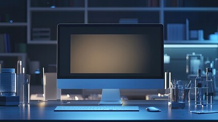 Fototapeta premium Modern Workspace with Computer and Organized Desktop Items at Night