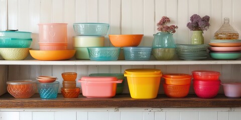 Retro Tupperware Collection on Kitchen Shelf, vibrant 60s colors, nostalgic display, perfect for...