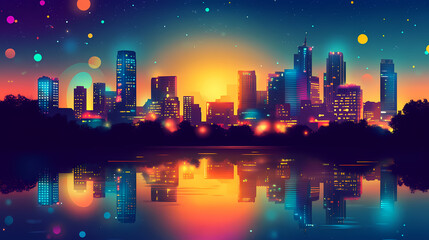 Fototapeta premium Austin skyline at dusk with colorful lights reflecting on the water, austin, texas, skyline, evening, dusk, lights. Nightfall. Illustration