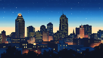 Fototapeta premium Beautiful youngstown ohio skyline at dusk with illuminated buildings and clear blue sky background. Nightfall. Illustration