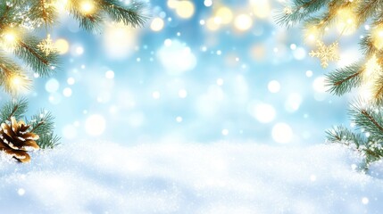 Winter Wonderland with Pine Branches and Snowy Background