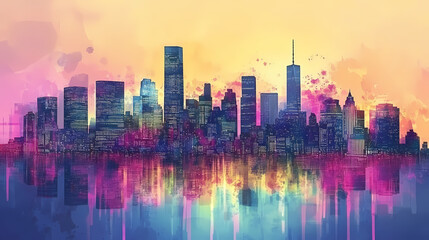 Obraz premium City skyline at dusk with colorful lights and tall skyscrapers, panoramic view. Nightfall. Illustration