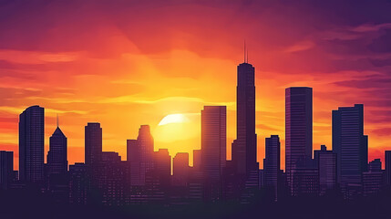 Fototapeta premium City skyline at sunset with vibrant colors. Nightfall. Illustration