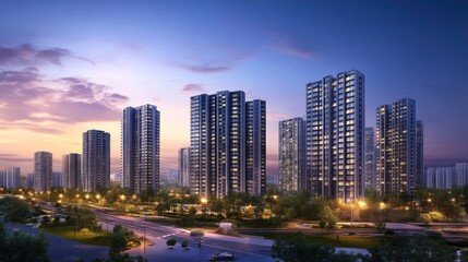 Obraz premium Twilight Cityscape: Modern High-Rise Apartments at Dusk