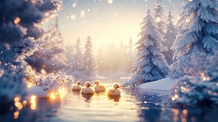Fototapeta premium Serene Winter Scene with Ducks Swimming in a Snowy Landscape