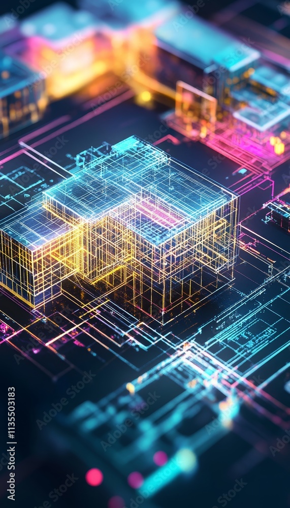 Poster abstract digital visualization of a 3d structure featuring technical overlays and blueprint details