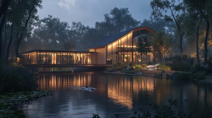 Serene Lakeside Pavilion: Nighttime Architectural Marvel