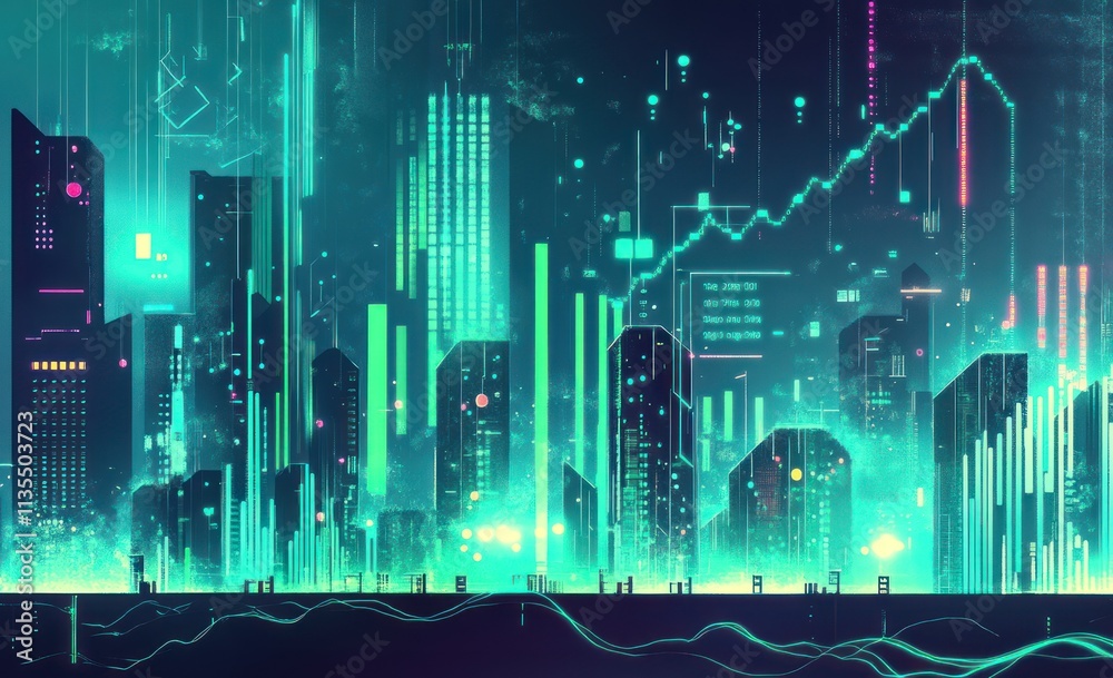 Aufkleber Futuristic cityscape with glowing data graphs and flowing lines.
