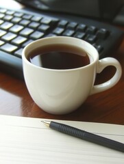 A cup of coffee sits on a desk next to a pen and notebook, suggesting a workspace setting.