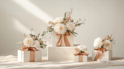 Elegant White Gift Boxes with Flowers and Neutral Tones
