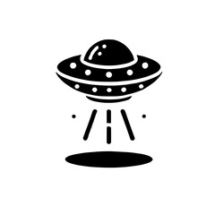 UFO Landing: Black and white illustration of a UFO hovering over a landing spot, casting beams of light. The image is a simple.
