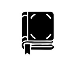 Classic Book Icon: A simple yet elegant black silhouette of a classic hardcover book with a ribbon bookmark. Perfect for education, literature, and reading-related projects. 