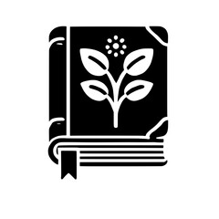 Botanical Book: A glyph icon of a closed book with a plant design on its cover, symbolizing growth, knowledge, and nature. Perfect for educational materials, herbalism, or botanical studies. 