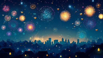 Fototapeta premium A city skyline or village during diwali night, with colorful fireworks lighting up the sky. Nightfall. Illustration