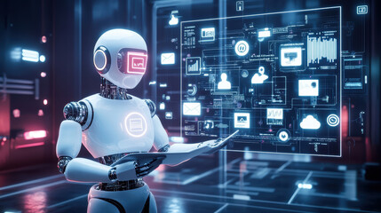 A robot holding an AI data stream with icons and symbols representing various types of artificial intelligence