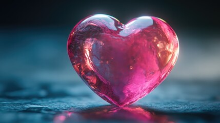 Fototapeta premium Shiny Transparent Pink Heart on Soft Blue Surface with Light Reflections