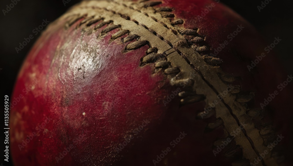 Poster close-up of a used and weathered red baseball with stitches.