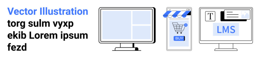 Computer monitors, online storefront, and LMS elements. Ideal for ecommerce, content creation, education, web development, digital marketing, training modules, virtual classrooms. Landing page