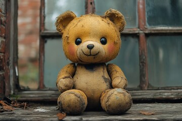 Vintage Teddy Bear Sitting on Windowsill