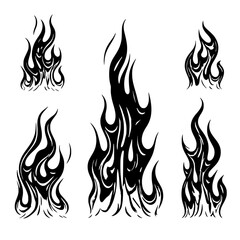 Fiery Design Elements: Set of five hand-drawn fire flames in black and white, perfect for graphic design, tattoos, or any project needing a fiery touch.  