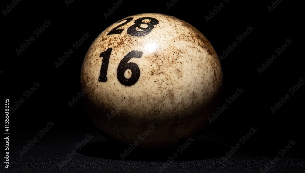 Poster stained bingo ball with numbers 28 and 16 on dark surface.