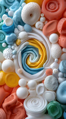 Recycle sustainability conservation renewal concept. A colorful arrangement of various circular shapes, creating a swirling pattern with a vibrant mix of blues, yellows, and oranges.