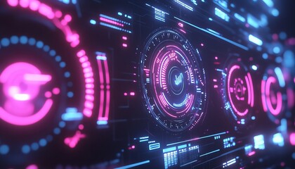 Futuristic data visualization with holographic charts, neon accents, and dynamic motion effects
