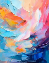 Vibrant abstract painting in blues, pinks, and oranges.