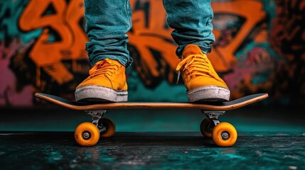 A close-up of a skateboard with bright orange shoes on it, set against a colorful graffiti background.