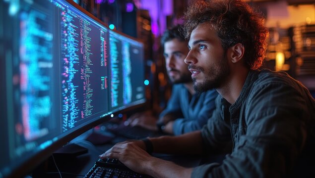 Two programmers working on a software project, looking intently at a computer screen filled with code