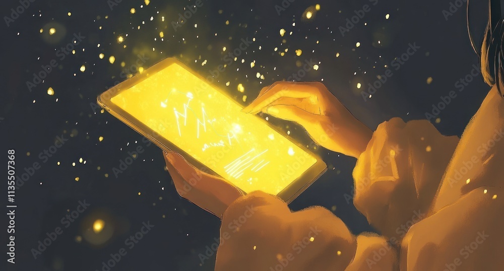Aufkleber person touching glowing tablet with a night sky bokeh effect.