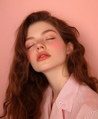 Naklejka premium Young woman in bright studio showcasing makeup artistry with soft lighting and pastel background